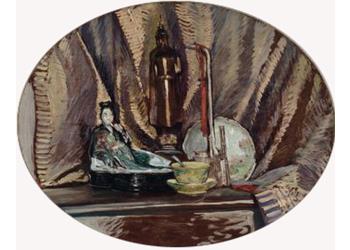 Natura morta ovale con oggetti orientali Natura morta ovale con oggetti orientali